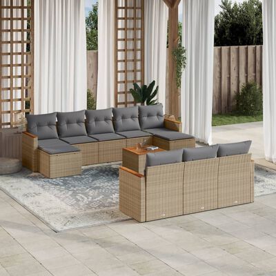 vidaXL 11-delige Tuinset met kussens poly rattan beige