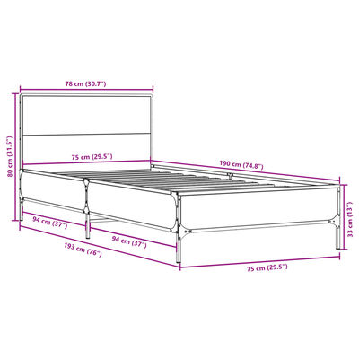 vidaXL Bedframe bewerkt hout en metaal grijs sonoma eiken 75x190 cm