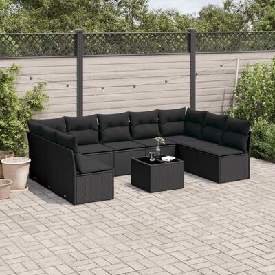 vidaXL 10-delige Loungeset met kussens poly rattan zwart