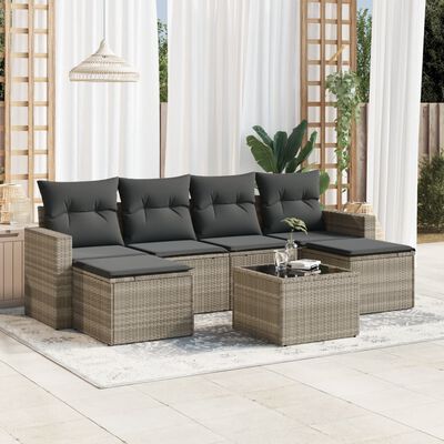 vidaXL 7-delige Loungeset met kussens poly rattan lichtgrijs