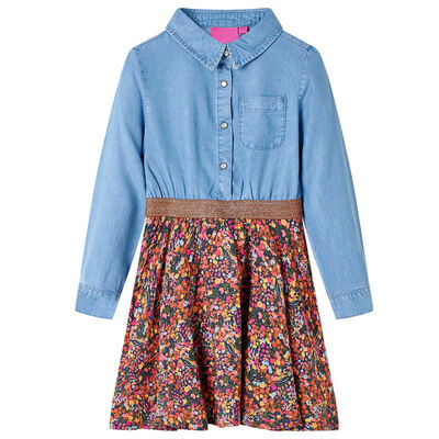 Kinderjurk met lange mouwen 128 marineblauw en denimblauw