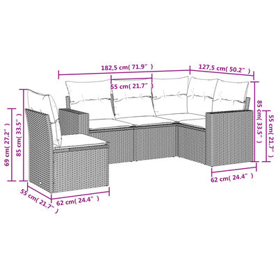 vidaXL 5-delige Loungeset met kussens poly rattan zwart