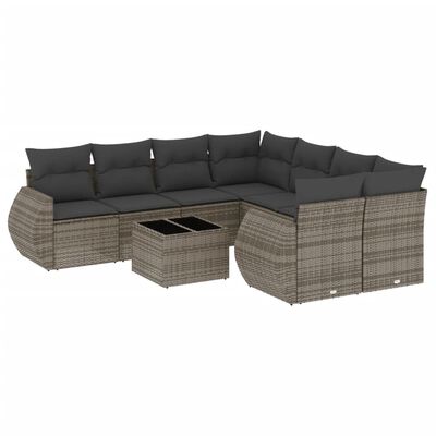 vidaXL 9-delige Loungeset met kussens poly rattan grijs