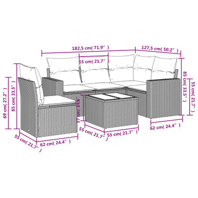 vidaXL 6-delige Loungeset met kussens poly rattan lichtgrijs