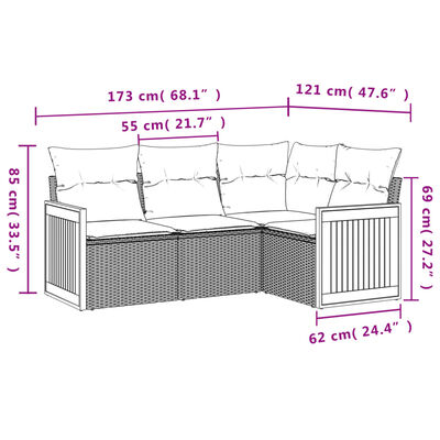 vidaXL 4-delige Loungeset met kussens poly rattan zwart