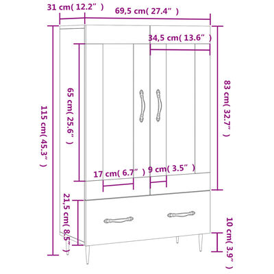 vidaXL Hoge kast 69,5x31x115 cm bewerkt hout gerookt eikenkleurig