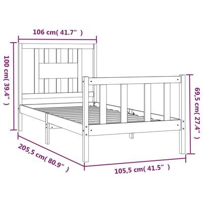 vidaXL Bedframe met hoofdbord massief grenenhout grijs 100x200 cm