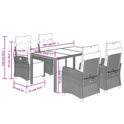 vidaXL 5-delige Tuinset met kussens poly rattan zwart