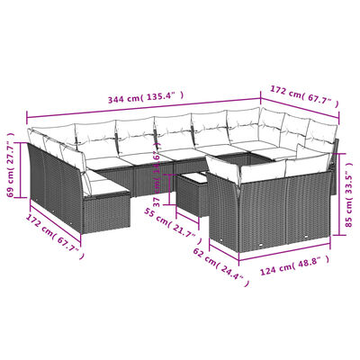 vidaXL 13-delige Loungeset met kussens poly rattan zwart