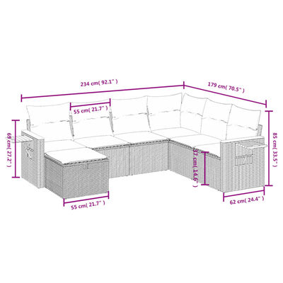 vidaXL 7-delige Loungeset met kussens poly rattan grijs