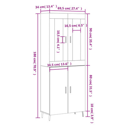 vidaXL Hoge kast 69,5x34x180 cm bewerkt hout zwart