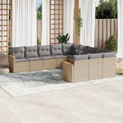 vidaXL 11-delige Tuinset met kussens poly rattan beige