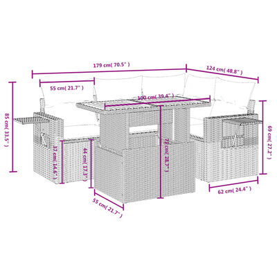 vidaXL 5-delige Loungeset met kussens poly rattan zwart