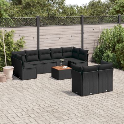 vidaXL 10-delige Loungeset met kussens poly rattan zwart