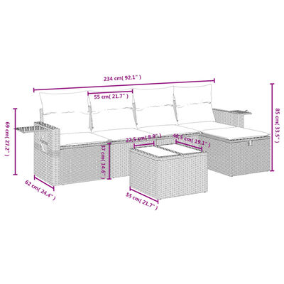 vidaXL 6-delige Loungeset met kussens poly rattan zwart