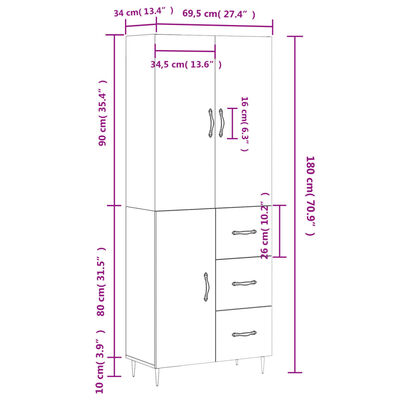 vidaXL Hoge kast 69,5x34x180 cm bewerkt hout bruin eikenkleur