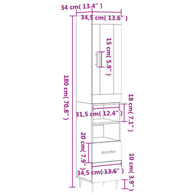 vidaXL Hoge kast 34,5x34x180 cm bewerkt hout grijs sonoma eikenkleurig