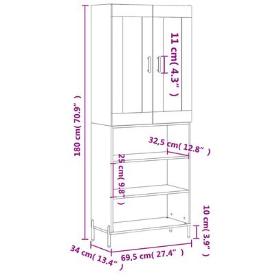 vidaXL Hoge kast 69,5x34x180 cm bewerkt hout gerookt eikenkleurig