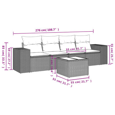 vidaXL 5-delige Loungeset met kussens poly rattan beige