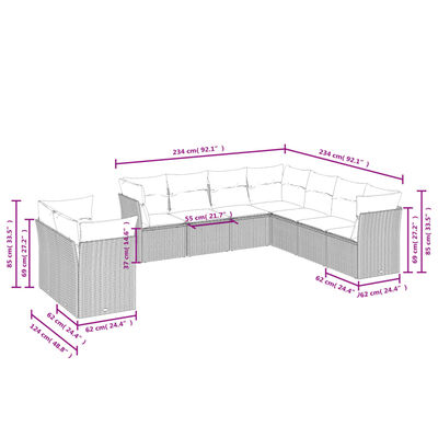 vidaXL 9-delige Loungeset met kussens poly rattan bruin