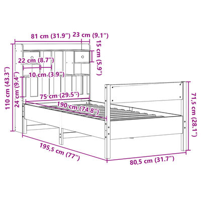 vidaXL Bed met boekenkast zonder matras grenenhout wasbruin 75x190 cm