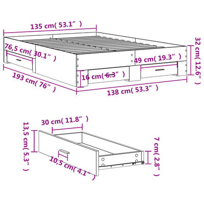 vidaXL Bedframe met lades bewerkt hout bruin eikenkleurig 135x190 cm