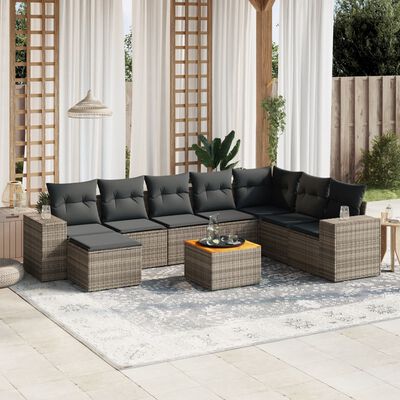 vidaXL 9-delige Loungeset met kussens poly rattan grijs