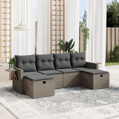 vidaXL 6-delige Loungeset met kussens poly rattan grijs