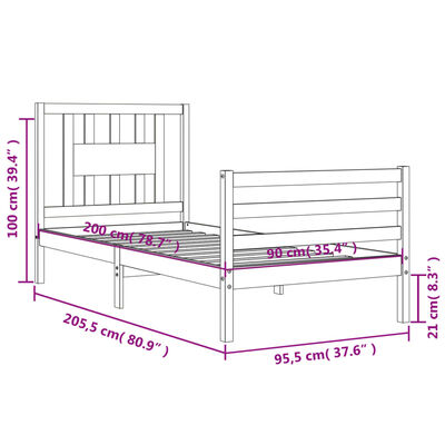 vidaXL Bedframe met hoofdbord massief hout honingbruin 90x200 cm