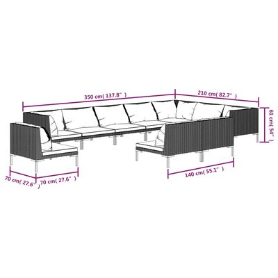 vidaXL 10-delige Loungeset met kussens poly rattan donkergrijs