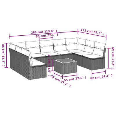 vidaXL 10-delige Loungeset met kussens poly rattan grijs