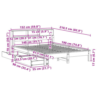 vidaXL Bed met boekenkast zonder matras massief grenenhout 140x190 cm