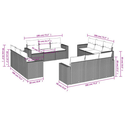 vidaXL 12-delige Loungeset met kussens poly rattan zwart