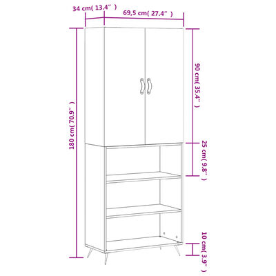 vidaXL Hoge kast 69,5x34x180 cm bewerkt hout betongrijs