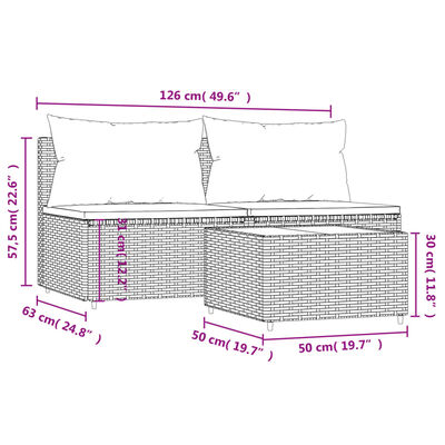 vidaXL 3-delige Loungeset met kussens poly rattan zwart