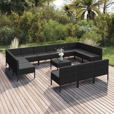 vidaXL 14-delige Loungeset met kussens poly rattan zwart