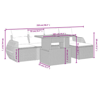 vidaXL 6-delige Loungeset met kussens poly rattan zwart