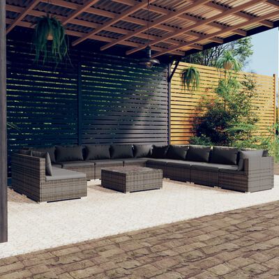 vidaXL 12-delige Loungeset met kussens poly rattan grijs