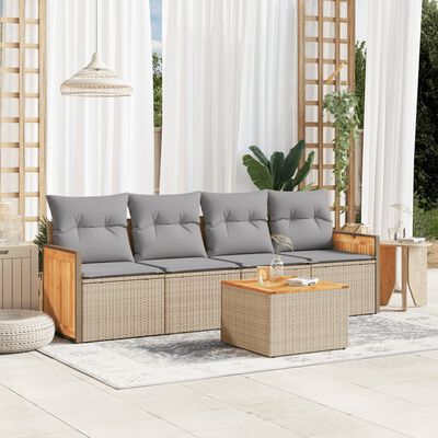 vidaXL 5-delige Loungeset met kussens poly rattan beige