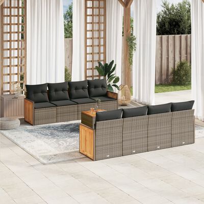 vidaXL 9-delige Loungeset met kussens poly rattan grijs