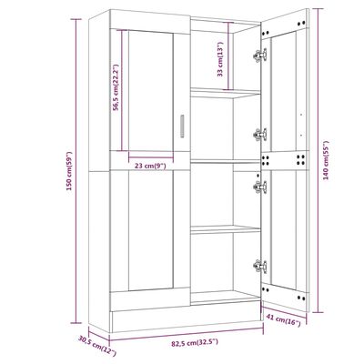 vidaXL Vitrinekast 82,5x30,5x150 cm bewerkt hout bruin eikenkleur