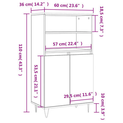 vidaXL Hoge kast 60x36x110 cm bewerkt hout hoogglans wit