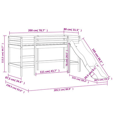 vidaXL Kinderhoogslaper met gordijnen 80x200 cm grenenhout blauw