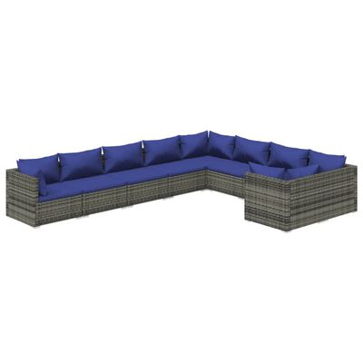 vidaXL 9-delige Loungeset met kussens poly rattan grijs