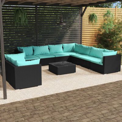 vidaXL 10-delige Loungeset met kussens poly rattan zwart