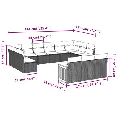 vidaXL 13-delige Loungeset met kussens poly rattan grijs