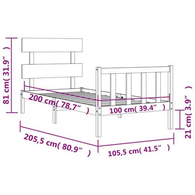 vidaXL Bedframe met hoofdbord massief hout 100x200 cm