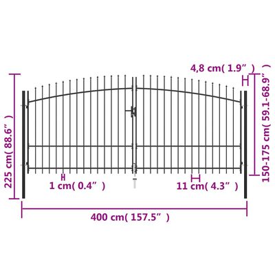 vidaXL Hekpoort dubbele deur met speren bovenkant 400x225 cm