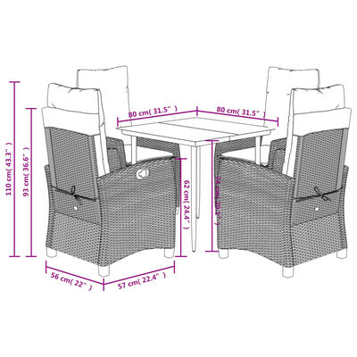 vidaXL 5-delige Tuinset met kussens poly rattan bruin