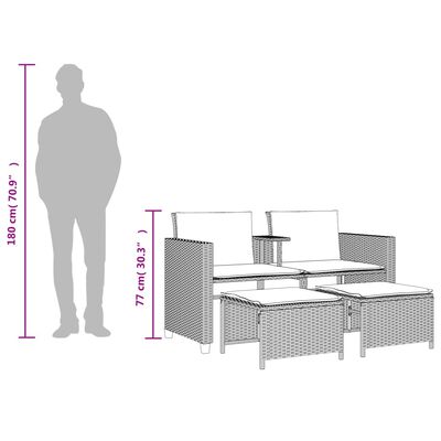 vidaXL Tuinbank 2-zits tafel en voetenbanken poly rattan lichtgrijs